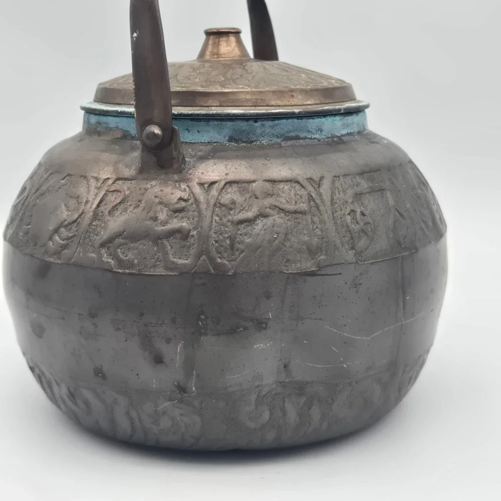Vintage Chinese Bronze Zodiac Signs Teapot Decorative Embossed Verdigris Patina